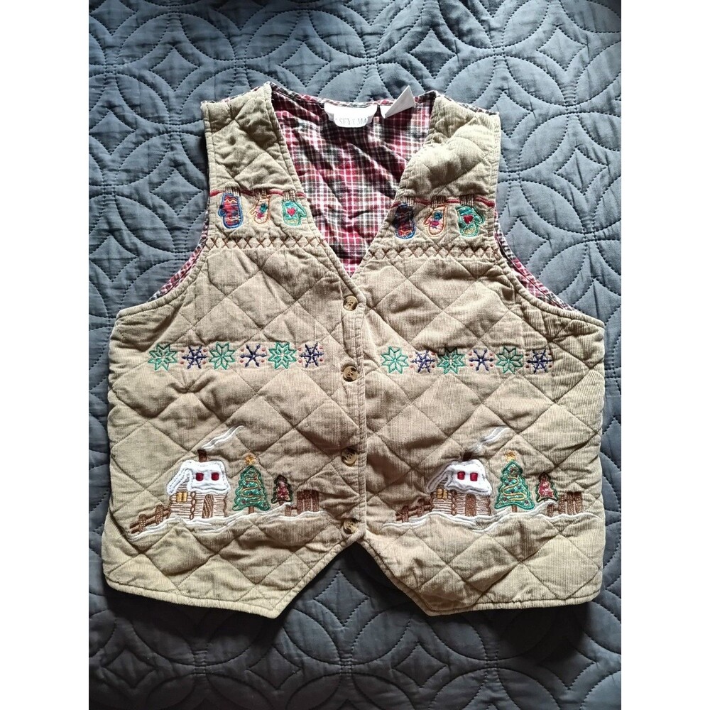Casey & Max Vintage Quilted Corduroy Christmas Vest Embroidered Cabin Mittens
